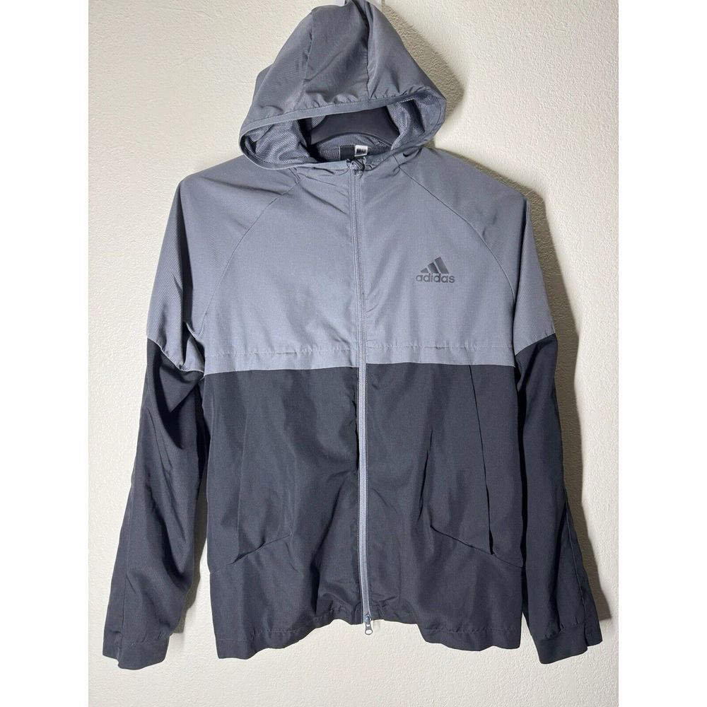 Super Rare Vintage Adidas Jacket Windbreaker Gray Black Medium Zipper‎ Pockets